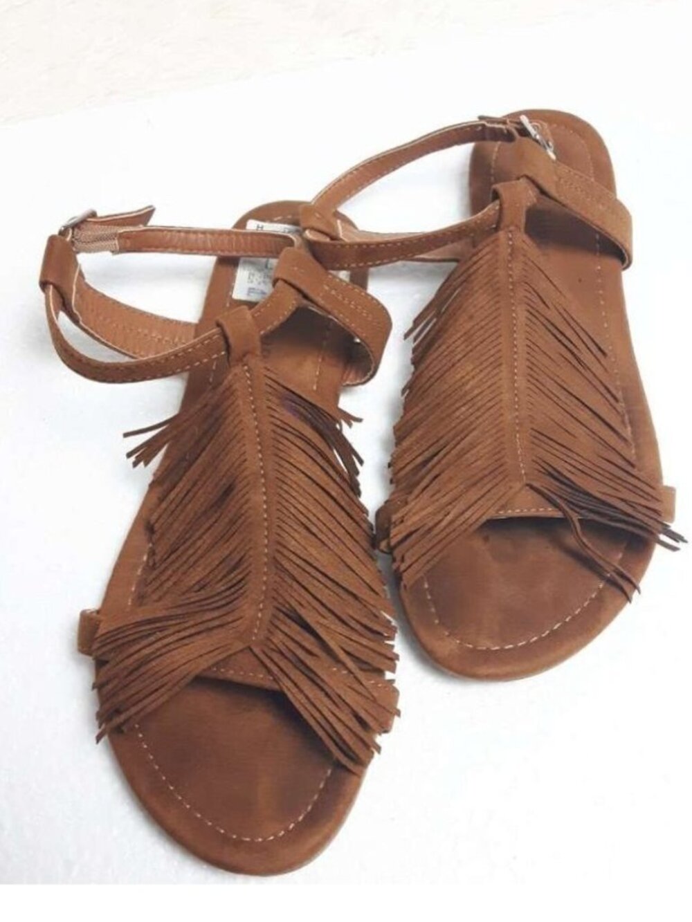 Brown Boho Fringe Flats Sandal Shoes Size 6.5